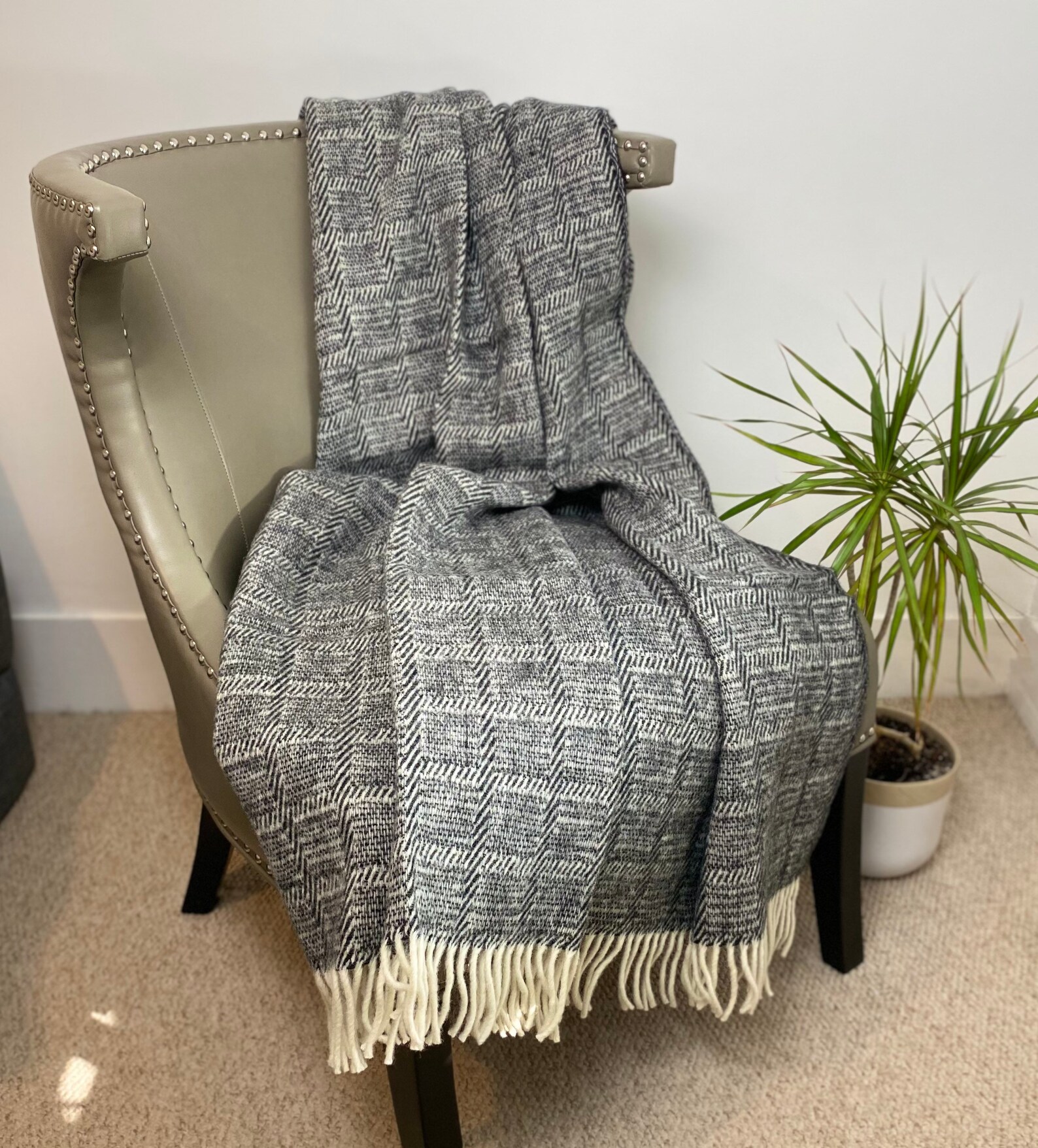 Wool Throw Wool blanket large Plaid Grey Cream Wool Throw Etsy