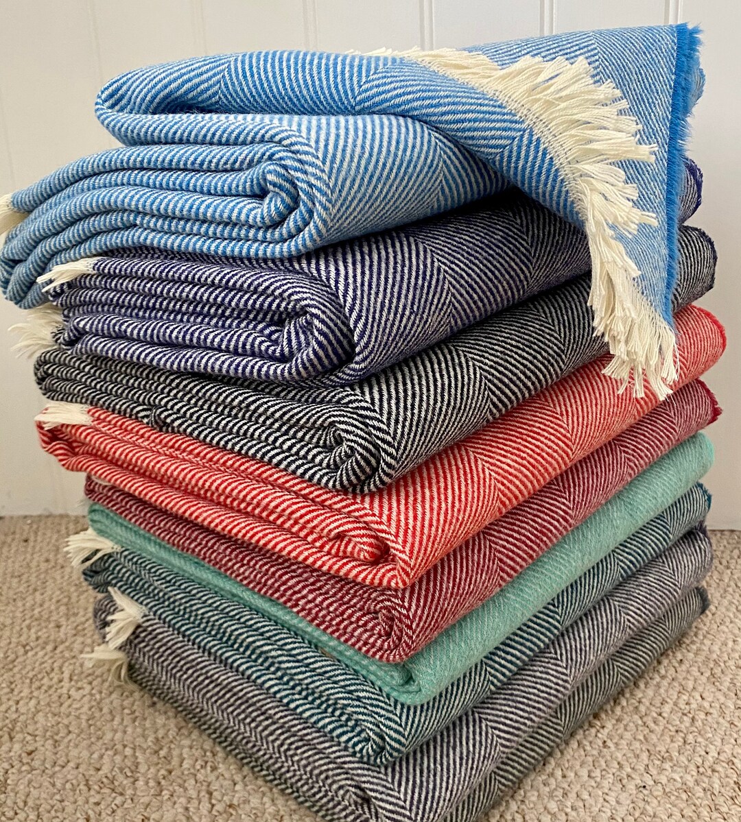 Recycled Wool Herringbone Throw Blanket / Sofa Bed Nursery Chair Throw