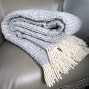 Extra Large Grey Pure Wool Throw Blanket with contrast fringing  / King size Sofa Bed  wool Throw Rug / Large Couch Throw
