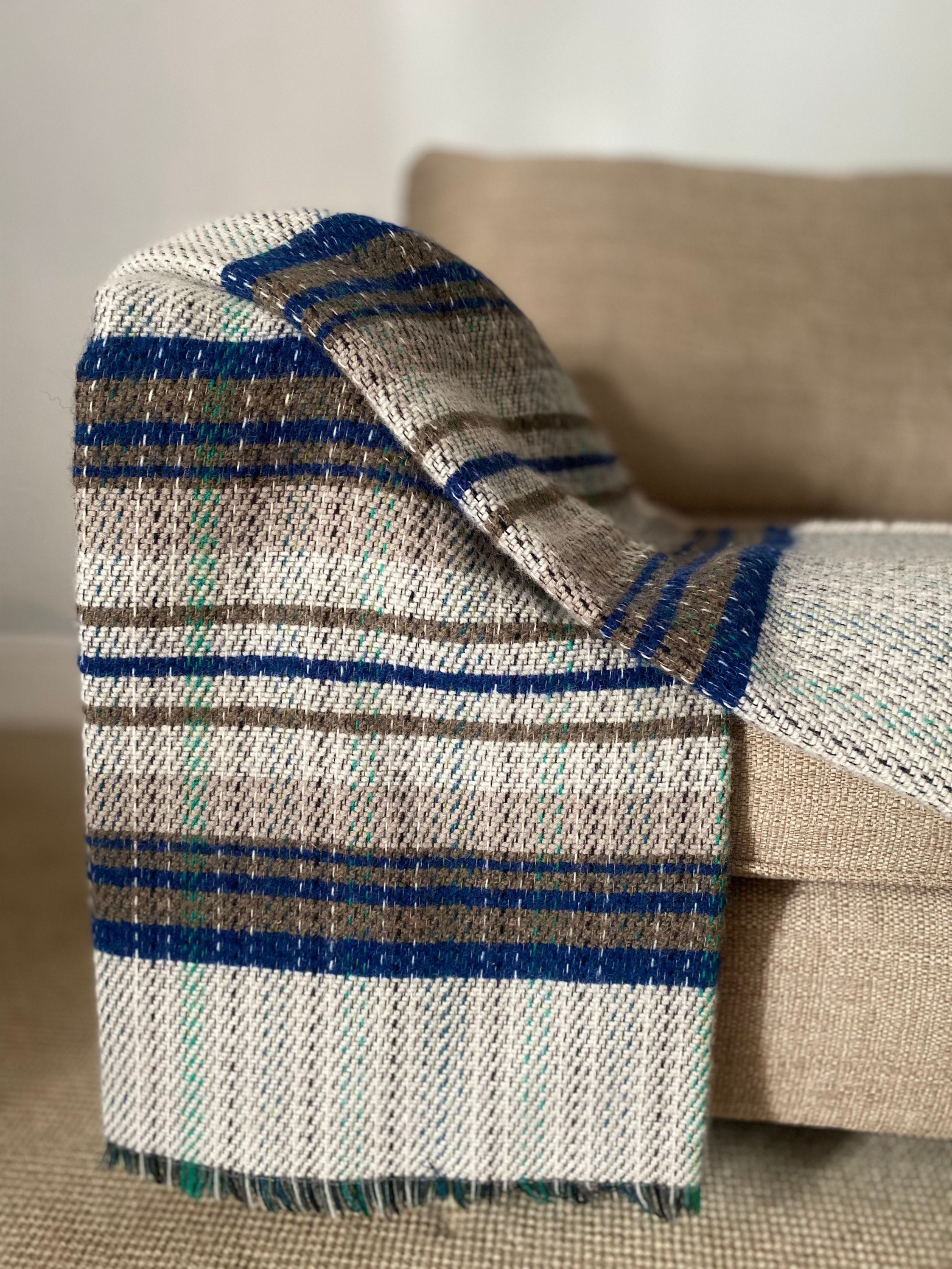 Recycled Wool check plaid Throw blanket with contrast fringing / Plaid Nursery Bed Sofa Throw / Meditation Oversized Shawl Wrap