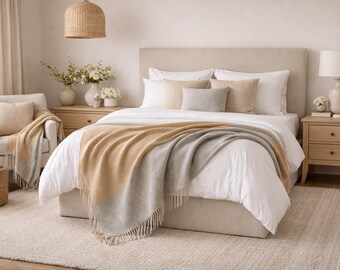 Rich Camel Throw with Grey  Reversible backing. Grey/ Camel Sofa throw.  Blanket 100% New Pure Wool Made in the UK