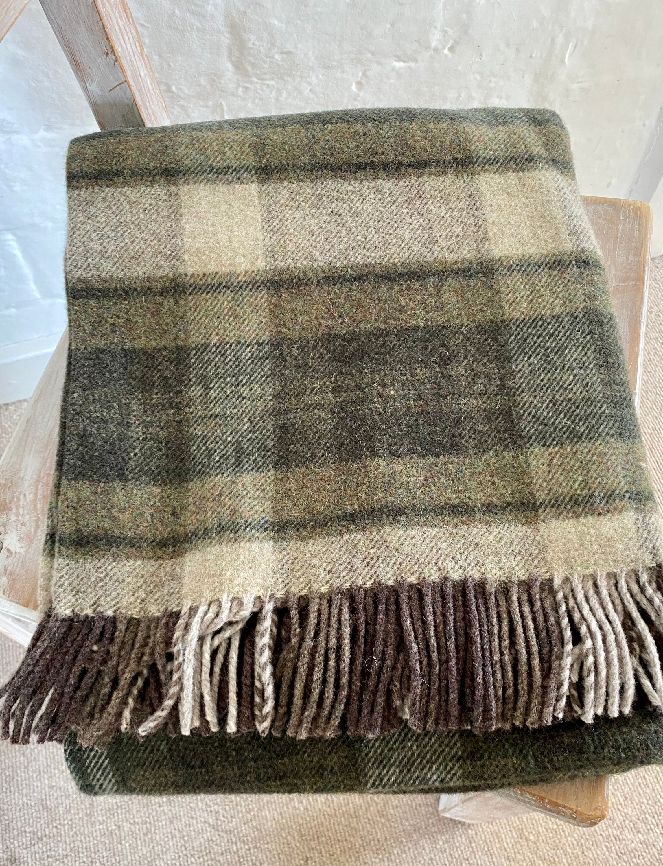 Merino Wool Throw Green Plaid Blanket 100 Natural Wool Etsy