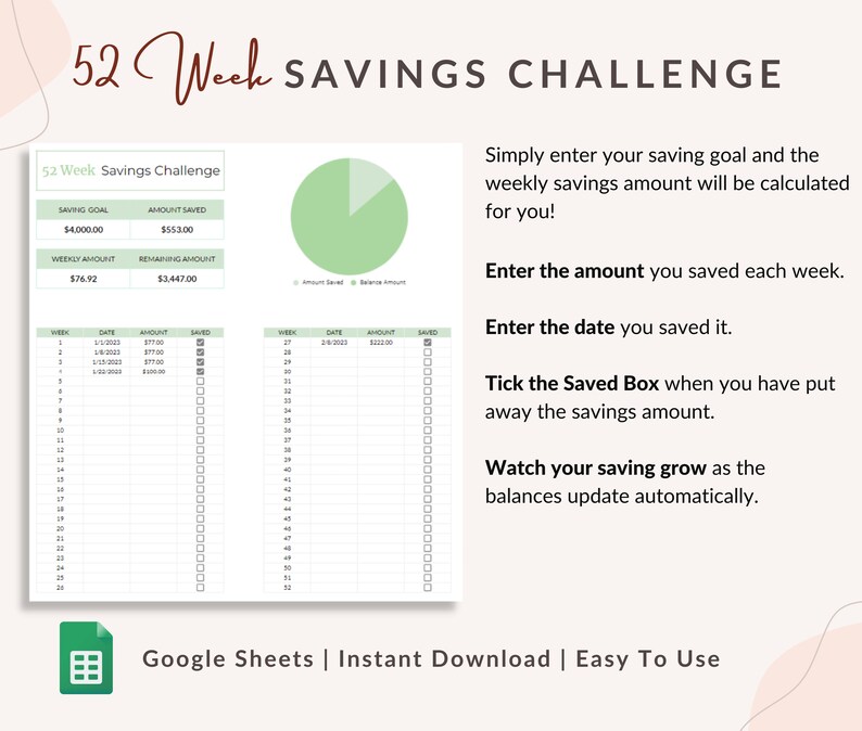 Mint 52 Week Savings Challenge Google Sheets Savings Planner Savings
