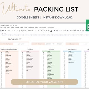 Packing List Template, Trip Planner Spreadsheet, Google Template, Google Sheets, Vacation Packing List, Holiday Plan, Packing Checklist