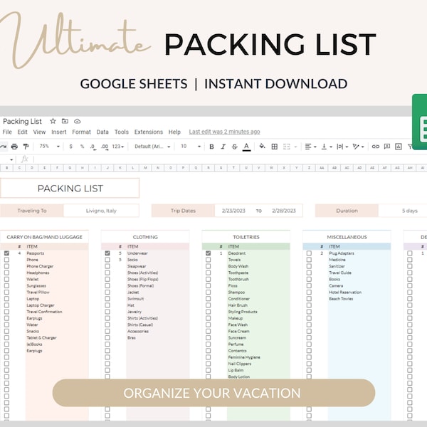 Travel Packing List Spreadsheet Packing Checklist Google Sheets Travel