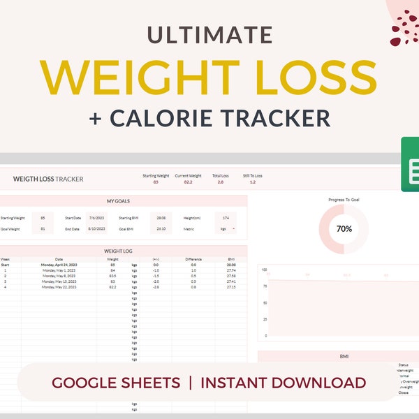 Editable Weight Loss & Calorie Tracker Spreadsheet for Google Sheets | Body Measurements, Workout, Macro + Calories, Activity Log