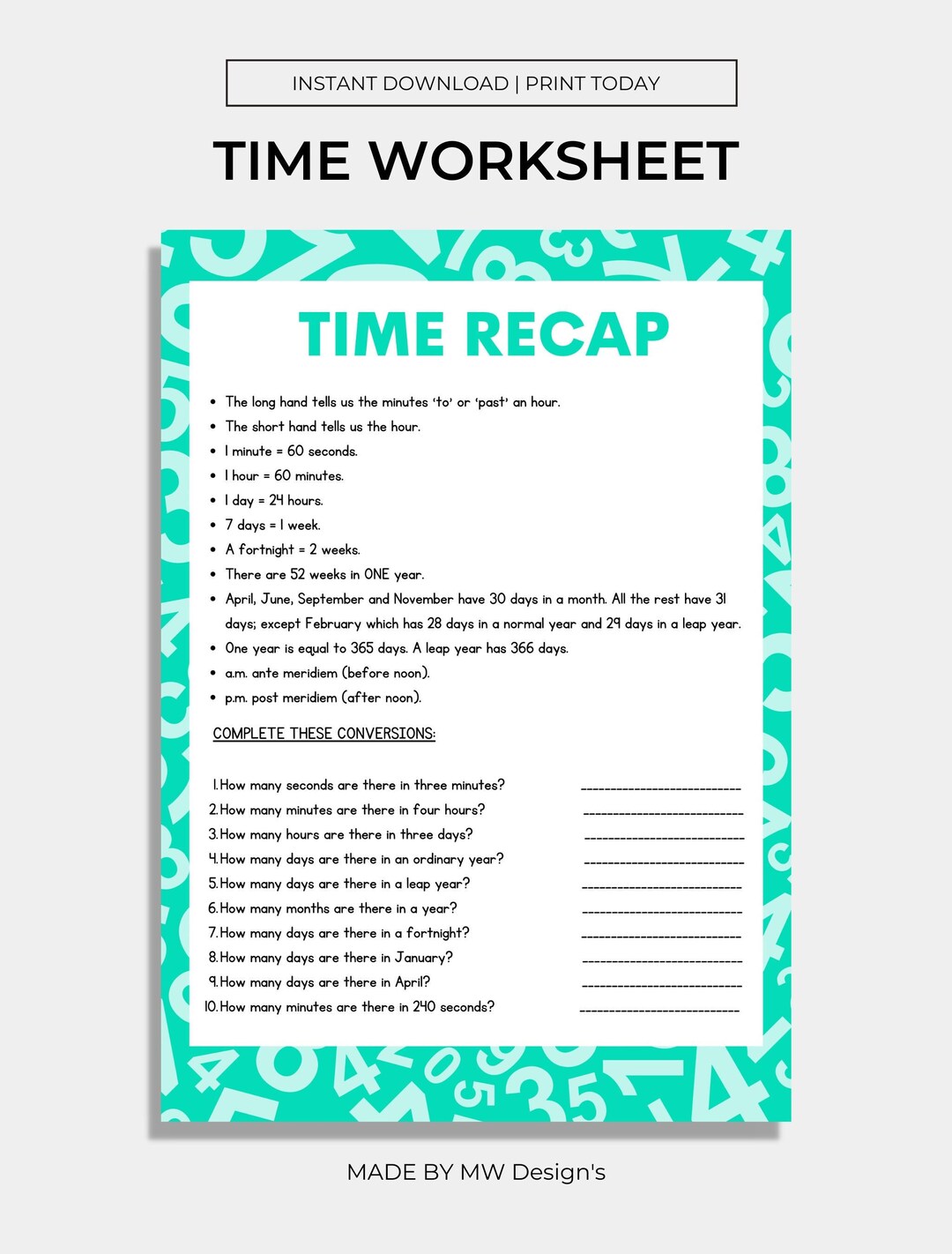 Time Worksheet, Printable Worksheet. - Etsy