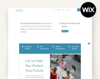 May include: A website homepage for an insurance brokerage company. The website features a photo of a group of people sitting around a table in an office setting. The text on the website reads "Insurance Brokerage specializes in insurance products and services to help you with all of your insurance needs. Get a risk-free quote today. Contact Us."