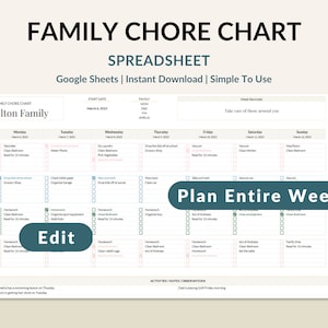 Family Chore Chart Google Sheets Template , Editable Family Planner, Family Chore Chart, Weekly Family Spreadsheet, Calendar