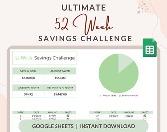 Sfida di risparmio di 52 settimane: pianificatore di budget di Google Fogli (download digitale)