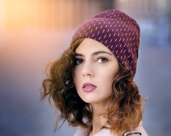 Hat, beanie winter hat autumn hat "Check List" bordeaux