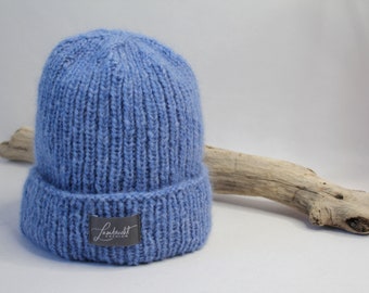 Knitted hat/wool hat winter hat "Stockholm" blue melange, hand knitted