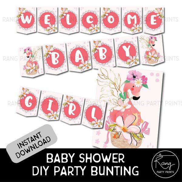 Flamingo Baby Shower Banner - Pink Baby Shower Decoration DIY Flamingo Printable - Instant Download - Baby Girl Welcome Sign