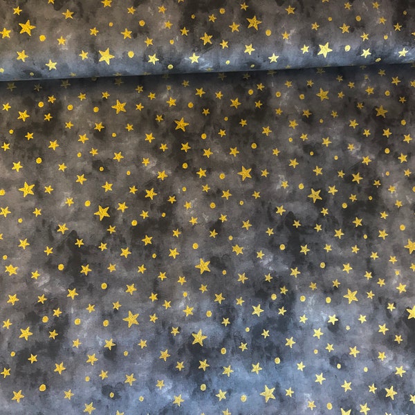 Weihnachtliche Baumwolle, goldene Sterne auf grau