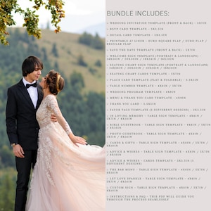 May include: A wedding invitation template bundle includes templates for invitations, RSVP cards, detail cards, save the date, welcome signs, seating charts, place cards, table numbers, and more. The image shows a couple in formal attire.