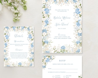 Blue Hydrangea Invitation Suite Design Floral Wedding Stationery Set Botanical Collection Elegant Garden Ceremony Announcement Summer