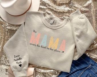 Personalized Mama Sweatshirt with Kid Names on Sleeve Mothers Day Gift Birthday Gift for Mom Minimalist Cool Mom Sweater