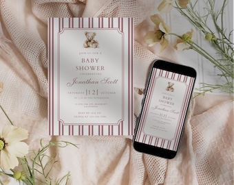 Teddy Bear Invitation Baby Shower Template Digital Download Design Classic Party Invite Printable Card Pink Stripe Theme Celebration
