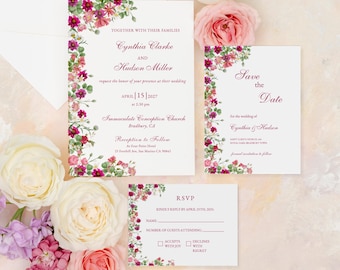 Floral Pink Wedding Invitation Suite Stationery Design Template Customizable Card Watercolor Flower Botanical Print  Typography Script