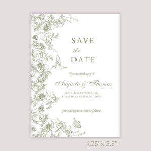 May include: A rectangular save-the-date card with a floral design in olive green. The text reads "SAVE the DATE" and announces the wedding of Augusta & Thomas. The card measures 4.25 x 5.5 inches.
