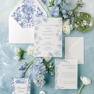 Plantilla de diseño de invitación de boda digital Suite nupcial Diseño floral chinoiserie azul Paquete de boda Descarga instantánea Colección nupcial
