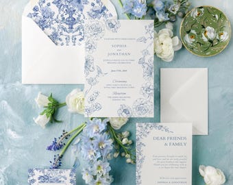 Digital Wedding Invitation Design Template Wedding Suite Blue Chinoiserie Floral Design Wedding Package Instant Download Bridal Collection