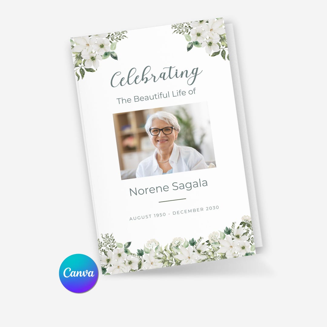 Funeral Program Template White Flowers Memorial Design Celebration Life ...