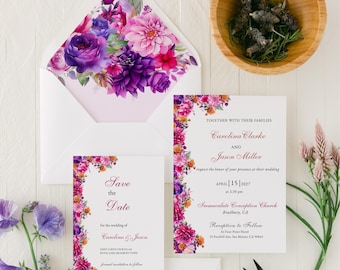 Pink Wedding Invitation Suite Design Floral Stationery Purple Flower Garden Summer Collection Pink Botanical Card Elegant Announcement