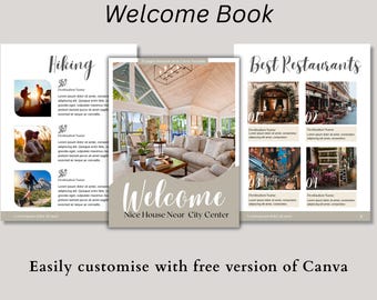May include: A welcome book for Airbnb guests with a light brown background. The book has three sections: Hiking, Welcome, and Best Restaurants. The Welcome section features a photo of a living room with a large sofa and a coffee table. The text "Welcome" is written in a large, cursive font. The text "Nice House Near City Center" is written below the word "Welcome".
