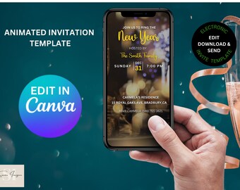 Invito alla festa di Capodanno in nero e oro. Modello fai da te per invito animato di Capodanno con fuochi d'artificio. Semplice da modificare in Canva.