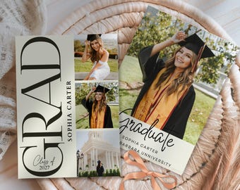 Digital Graduation Announcement Template Design Photo Invitation Printable Grad Card Customizable Celebration Virtual Commencement Elegant