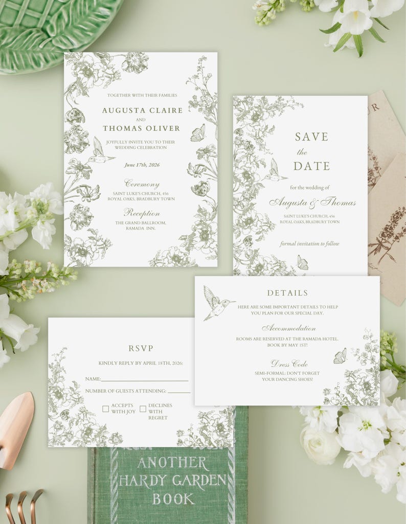 May include: A set of wedding stationery with floral and butterfly illustrations. The invitation includes details for Augusta Claire and Thomas Oliver's wedding on June 17th, 2026. RSVP and details cards are also included. The stationery is light green.