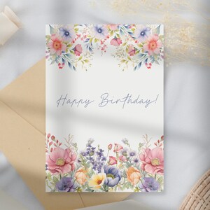 Cartão de feliz aniversário para impressão, cartão de flores, presente de aniversário para seu cartão de flores selvagens, editável, dobrável, 5x7.