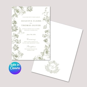May include: Wedding invitation with floral border and text. The invitation reads "Augusta Claire and Thomas Oliver" and includes ceremony and reception details. The date is June 17th, 2026. An envelope with a matching design is also present.