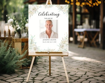 Funeral Welcome Sign Template: White Floral Memorial (Canva, PDF)