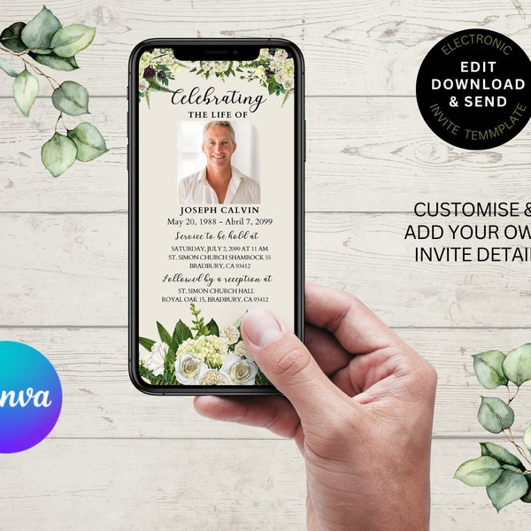Invitación funeraria digital Invitación funeraria electrónica plantilla editable Plantilla de invitación digital anuncio de servicio conmemorativo