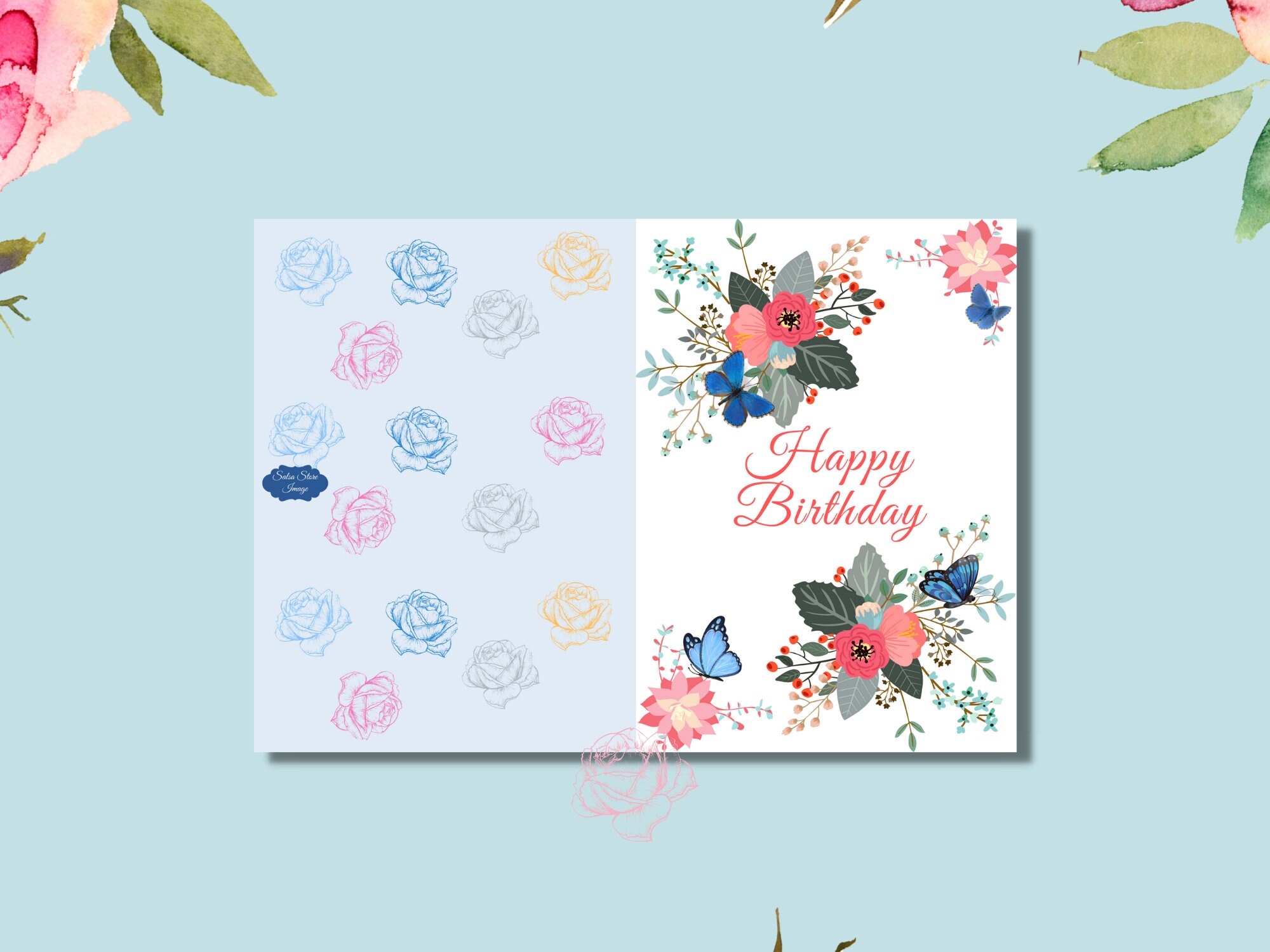 Happy Birthday Printable Card, Flower Birthday Greeting Card, Foldable ...