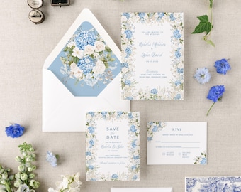 Blue Hydrangea Invitation Suite Design Floral Wedding Stationery Set Botanical Collection Elegant Garden Ceremony Announcement Summer