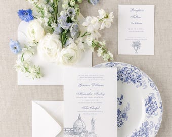 Dusty Blue Invitation Design Template Cathedral Wedding Stationery Suite Elegant Formal Traditional Card Set Cathedral Religious Ceremony