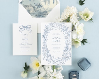 Blue Wedding Invitation Suite Design Floral Stationery Elegant Collection Botanical Theme Garden Romantic Announcement Card Set Watercolor