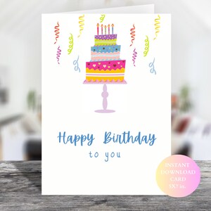Carte imprimable joyeux anniversaire, carte de vœux d’anniversaire Blue Cake, carte pliable 5x7.