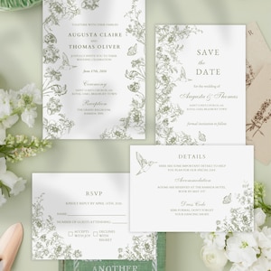 May include: A collection of wedding stationery featuring floral and hummingbird illustrations. The set includes an invitation, RSVP card, details card, and a save-the-date card. The design is in shades of green and white, with the text "Augusta Claire and Thomas Oliver".