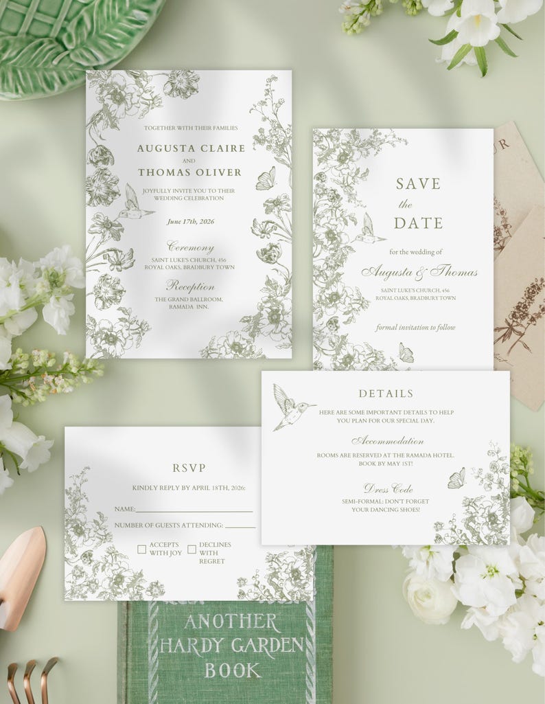 May include: A collection of wedding stationery featuring floral and hummingbird illustrations. The set includes an invitation, RSVP card, details card, and a save-the-date card. The design is in shades of green and white, with the text "Augusta Claire and Thomas Oliver".