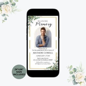 May include: A digital memorial invitation with a photo of a man in a blue shirt. The invitation is decorated with greenery and gold accents. The text reads "In Loving Memory" and includes the name "Mathew Cowell", the date "June 8, Sat | 11am", the location "Saint Luke Church", and the address "12 Live Oak St, Bradbury 90867". The invitation also includes information about a reception at "487 Myrtle Av, Covina 90867".
