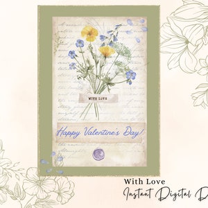 Feliz Día de San Valentín Tarjeta imprimible / Tarjeta de San Valentín vintage / Descarga instantánea PDF / Plantilla de tarjeta