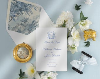 Save Date Card Blue Toile Wedding Stationery Elegant Design Classic Monogram Luxury Invitation Formal Suite Announcement Bride Groom