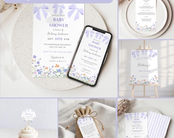 Purple Baby Shower Invitation Bundle Flower Party decor