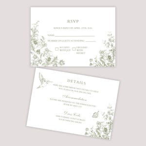 May include: Two-piece wedding invitation set. The RSVP card includes fields for the guest's name and number of attendees, with options to accept or decline. The details card includes accommodation and dress code information, with floral and hummingbird illustrations.
