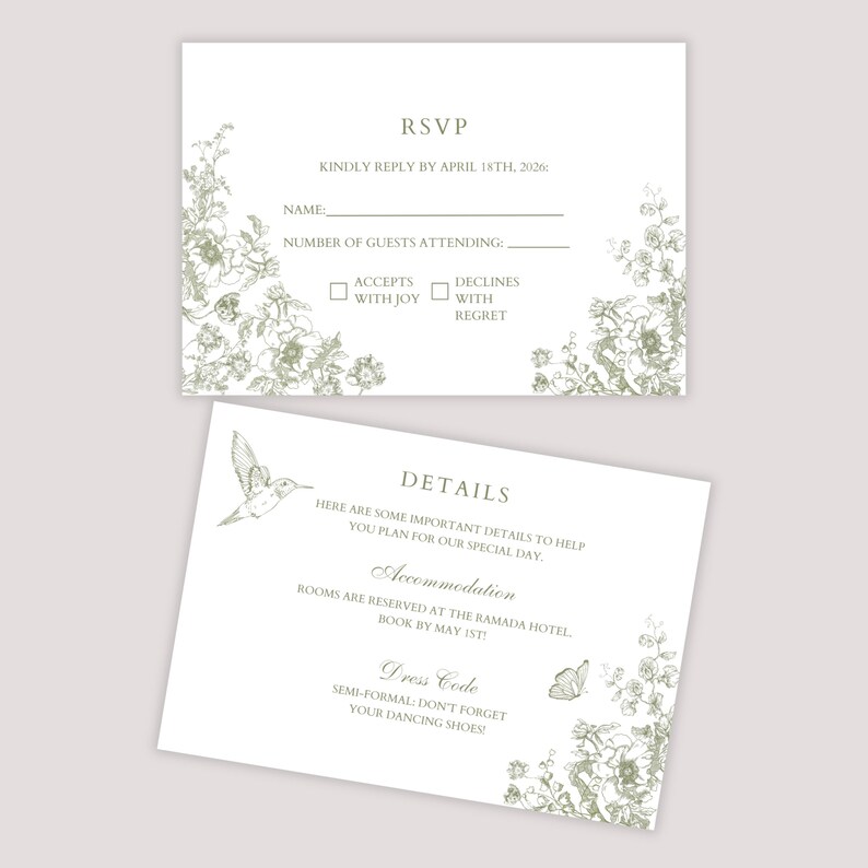 May include: Two-piece wedding invitation set. The RSVP card includes fields for the guest's name and number of attendees, with options to accept or decline. The details card includes accommodation and dress code information, with floral and hummingbird illustrations.