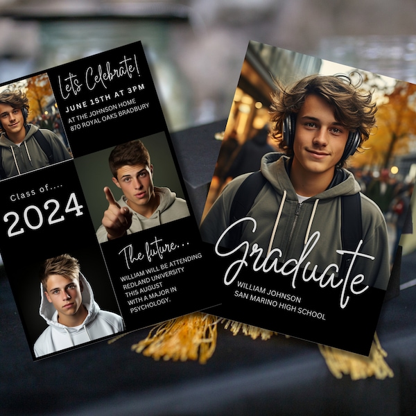 Black Graduation Invitation 2024 Template Invite Card Announcement Senior Graduation Party High School Modern Invitation in Canva